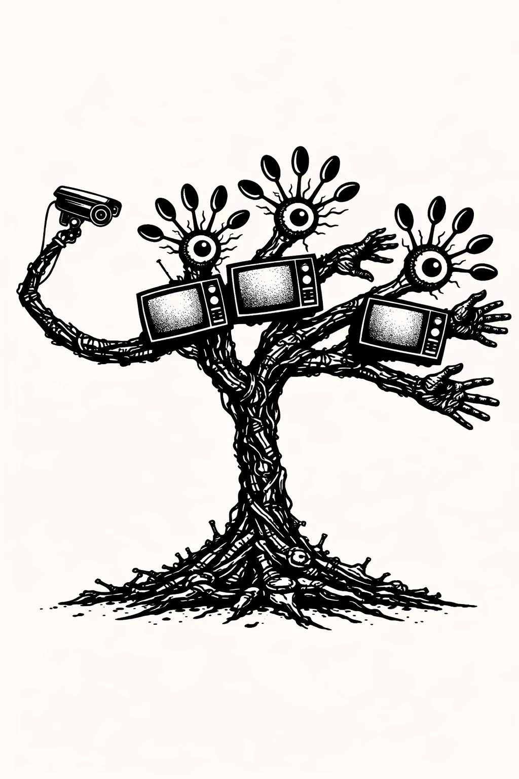 Decorative tree illustration made of metal forms and eyes